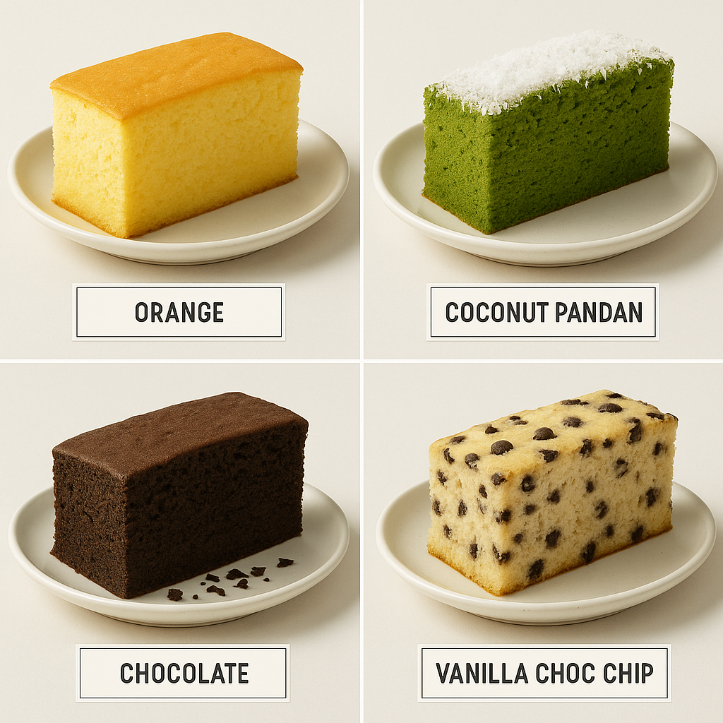 4 Perisa Soft Cake - Orange, Coconut Pandan, Vanilla Choc Chip, Chocolate